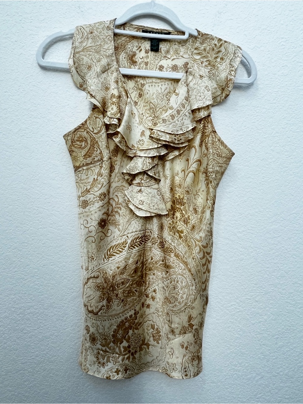 Ralph Lauren Cream and Gold Paisley Ruffle Neck Sleeveless Top 100% silk